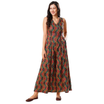 Women's Abstract Print Sleeveless V-Neck Full Length 100% Viscose Fusion Wear Jumpsuit with Waist Tie-Up