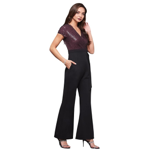 Women's Halter Neck Sleeveless Solid Wide Leg Sequin Paneled Regular Length Jumpsuit