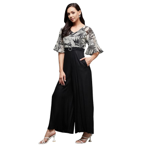 Women's V- Neck Ruffled Sleeve Wide Leg Regular-Length Polyester Printed Jumpsuit