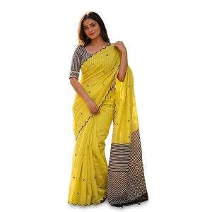 Linen Cotton Saree with Black Mirror Work