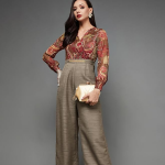 Women's V-Neck Bishop Sleeve Bohemian Patterned Straight Leg Wrap Regular Jumpsuit with Pockets