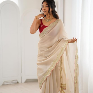 Women's Shimmer Satin Sequence Embroidery Work Border Saree With Unstitched Blouse Piece