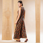 Women's Abstract Print Sleeveless V-Neck Full Length 100% Viscose Fusion Wear Jumpsuit with Waist Tie-Up