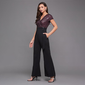 Women's Halter Neck Sleeveless Solid Wide Leg Sequin Paneled Regular Length Jumpsuit