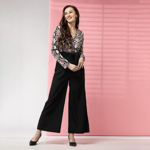 Women’s Polyester Semi-Formal Jumpsuit with Round Neck Half Sleeves Adjustable Waist Tie
