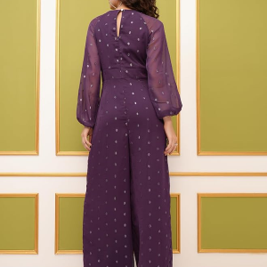 Women's Long Sleeves V-Neck Self Design Jumpsuit |Stylish | Casual