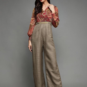 Women's V-Neck Bishop Sleeve Bohemian Patterned Straight Leg Wrap Regular Jumpsuit with Pockets