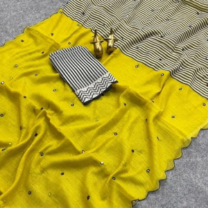 Linen Cotton Saree with Black Mirror Work
