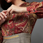 Women's V-Neck Bishop Sleeve Bohemian Patterned Straight Leg Wrap Regular Jumpsuit with Pockets